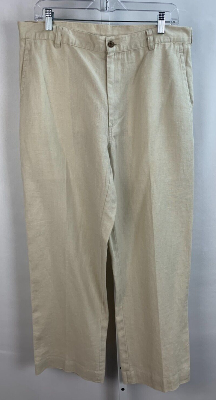 Jos A Bank 100% Linen Pants Mens 36 x 29 Cream Beige Flat Front